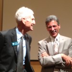Dr. William Danforth (left) visits with moderator Mark Gunther