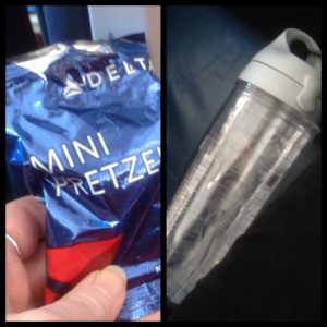 airline pretzels & a water bottle