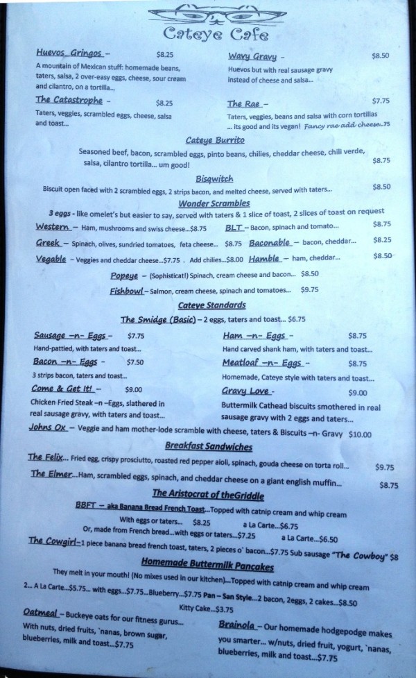 Catseye Cafe menu